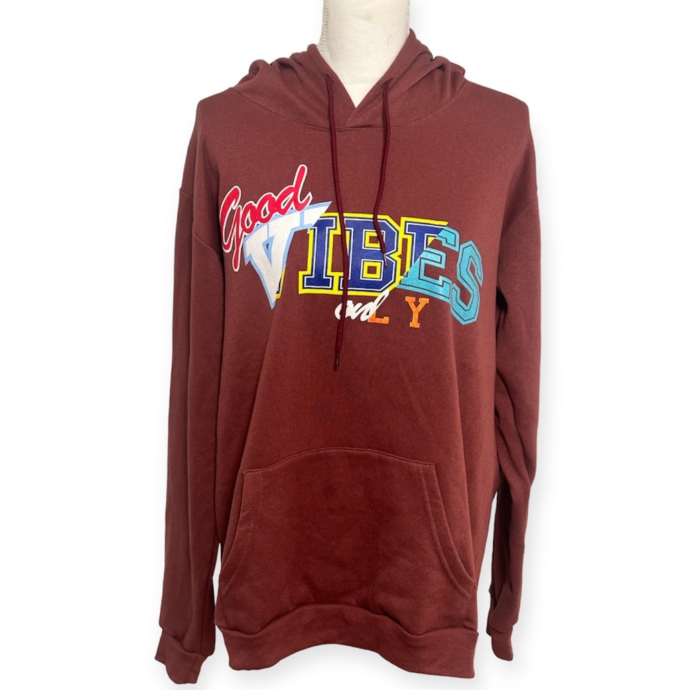 Good Vibes Only Colorful Graphic Unisex Maroon Hoodie NWOT